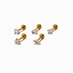 Gold-tone Stainless Steel Cubic Zirconia 18G Flatback Cartilage Earrings - 5 Pack