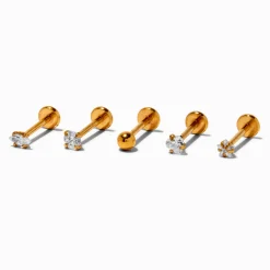 Gold-tone Stainless Steel Cubic Zirconia 18G Stud Threadless Cartilage Earrings - 5 Pack