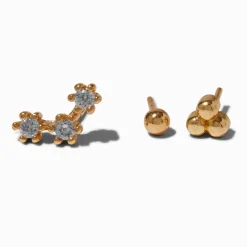 Gold-tone Stainless Steel Cubic Zirconia 18G Stud Threadless Cartilage Earrings - 3 Pack