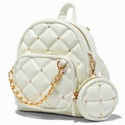 Gold-tone Studded White Quilted Small Backpack