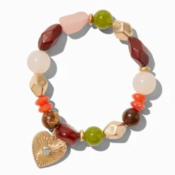Gold-tone Textured Heart Boho Beaded Stretch Bracelet