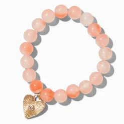 Gold-tone Textured Heart Charm Beaded Stretch Bracelet