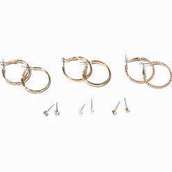 Gold-tone Textured Hoop & Studs Earrings Set - 6 Pack