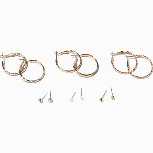 Gold-tone Textured Hoop & Studs Earrings Set - 6 Pack