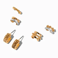 Gold-tone Textured Hoop & Ear Cuff Stack - 3 Pack