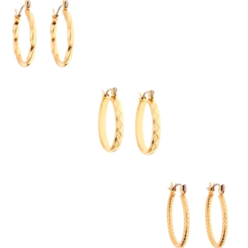 Gold-tone Thick Textured 20mm Hoop Earrings - 3 Pack