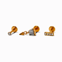 Gold-tone Titanium Crystal 18G Threadless Cartilage Earrings - 3 Pack