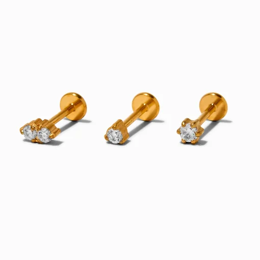Gold-tone Titanium Crystal 18G Threadless Tragus Earring - 3 Pack