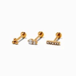 Gold-tone Titanium Cubic Zirconia 18G Stud Threadless Cartilage Earrings - 3 Pack