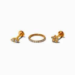 Gold-tone Titanium Cubic Zirconia Flower 18G Flat Back & Clicker Helix Earrings - 3 Pack