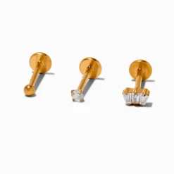 Gold-tone Titanium Cubic Zirconia Ball 18G Stud Threadless Cartilage Earrings - 3 Pack