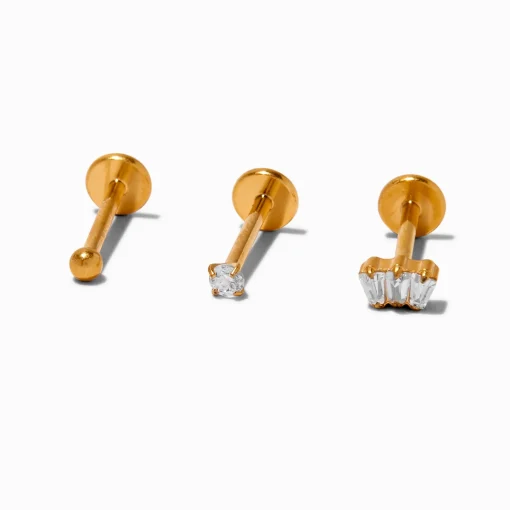 Gold-tone Titanium Cubic Zirconia Ball 18G Stud Threadless Cartilage Earrings - 3 Pack