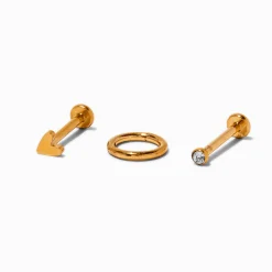 Gold-tone Titanium Cubic Zirconia 18G Stud & Hoop Threadless Tragus Earrings - 3 Pack