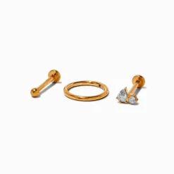 Gold-tone Titanium Cubic Zirconia 18G Stud & Hoop Threadless Cartilage Earrings - 3 Pack