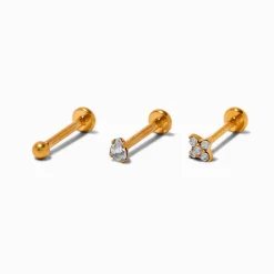 Gold-tone Titanium Cubic Zirconia 18G Stud Threadless Tragus Earrings - 3 Pack