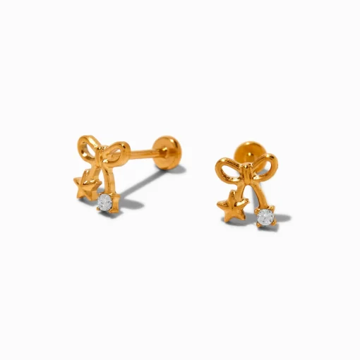 Gold-tone Titanium Cubic Zirconia Bow Stud Flatback Earrings