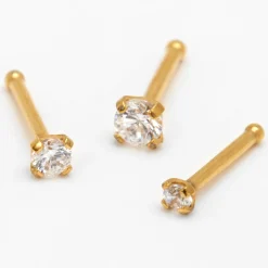 Gold-tone Titanium Cubic Zirconia 20G Nose Studs - 3 Pack