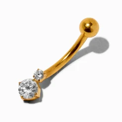Gold-tone Titanium Cubic Zirconia Double 14G Belly Bar