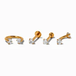 Gold-tone Titanium Cubic Zirconia 16G Labret Lip Studs - 4 Pack