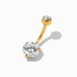 Gold-tone Titanium Cubic Zirconia Round 14G Belly Bar