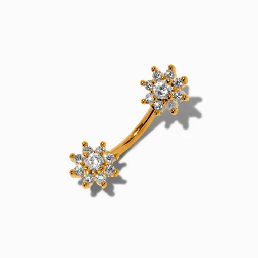 Gold-tone Titanium Cubic Zirconia Flower 14G Belly Bar
