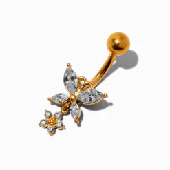 Gold-tone Titanium Cubic Zirconia Butterfly Dangle 14G Belly Bar