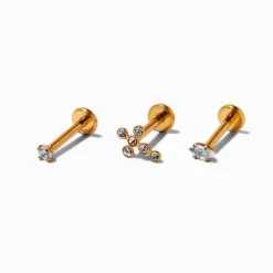 Gold-tone Titanium 16G Cubic Zirconia Cross Cartilage Stud Earrings - 3 Pack