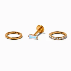Gold-tone Titanium Iridescent AB Cubic Zirconia 18G Threadless Tragus Earrings - 3 Pack