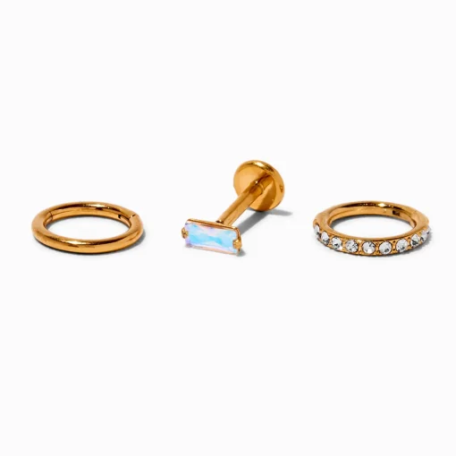 Gold-tone Titanium Iridescent AB Cubic Zirconia 18G Threadless Tragus Earrings - 3 Pack