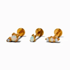 Gold-tone Titanium Opal 18G Stud Flat Back Cartilage Earrings - 3 Pack
