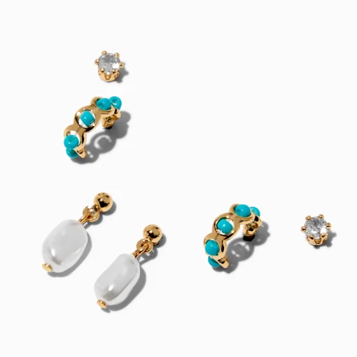 Gold-tone Turquoise Cubic Zirconia Earring Stackables Set - 3 Pack