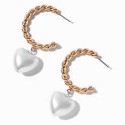 Gold-tone Twisted Pearl Heart Hoop Earrings