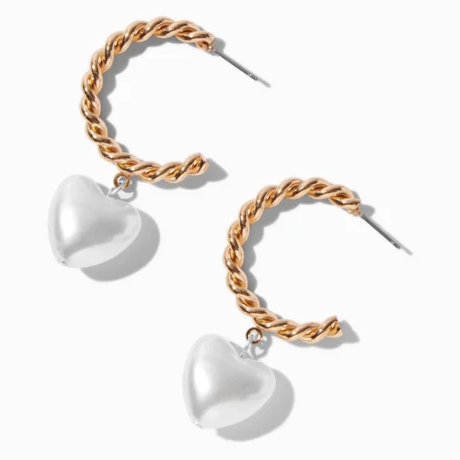 Gold-tone Twisted Pearl Heart Hoop Earrings