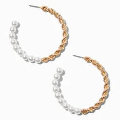 Gold-tone Twisted Pearl 50mm Hoop Earrings