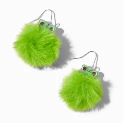 Green Frog Pom Pom 1.5" Drop Earrings