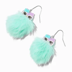 Green Owl Pom Pom 1.5" Drop Earrings