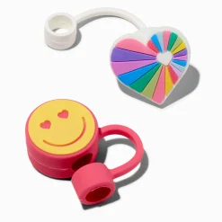 Happy Face & Rainbow Heart Straw Covers - 2 Pack