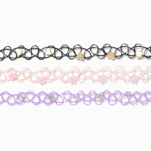 Heart & Floral Beaded Tattoo Choker Necklace - 3 Pack