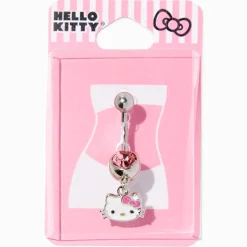 Hello Kitty® Silver-tone Stainless Steel Pink Crystal Charm 14G Belly Bar