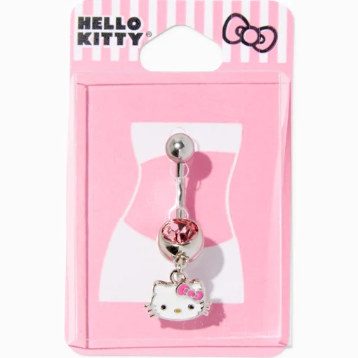 Hello Kitty® Silver-tone Stainless Steel Pink Crystal Charm 14G Belly Bar