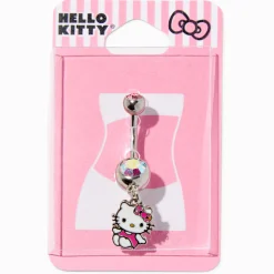 Hello Kitty® Silver-tone Stainless Steel Iridescent Crystal Charm 14G Belly Bar