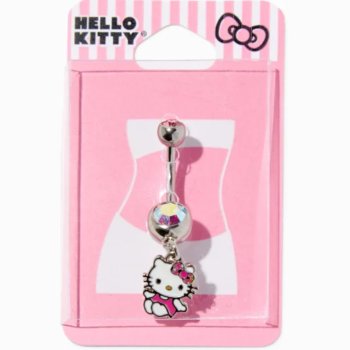 Hello Kitty® Silver-tone Stainless Steel Iridescent Crystal Charm 14G Belly Bar