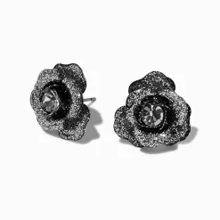Hematite Glitter Carved Rose Stud Earrings