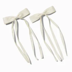 Ivory Grosgrain Ribbon Long Tail Hair Bow Clips - 2 Pack