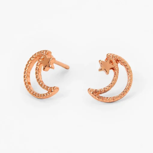 18K Rose Gold Plated Cutout Moon & Star Stud Earrings