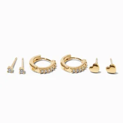 18kt Gold Plated Cubic Zirconia Heart Earring Stackables Set - 3 Pack