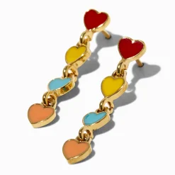18kt Gold Plated Rainbow Enamel Heart Linear 1" Drop Earrings