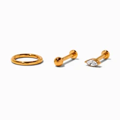 18kt Gold Plated Titanium 16G Crystal Marquise Cartilage Stud & Hoop Earrings - 3 Pack