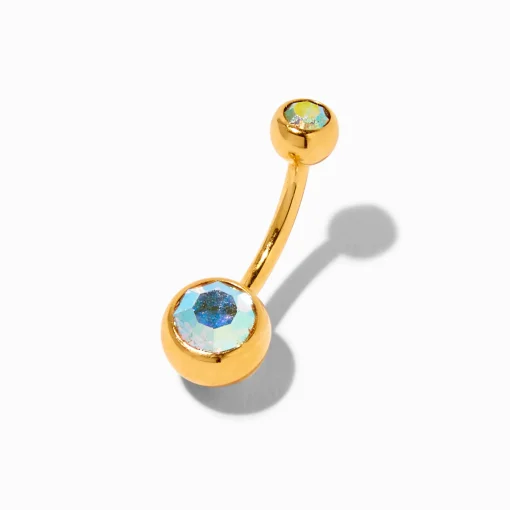 18kt Gold Plated Titanium Iridescent Crystal 14G Belly Bar