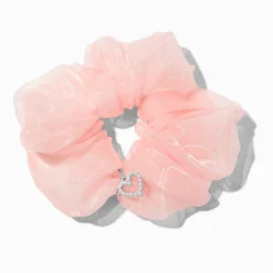 Light Pink Organza Heart Charm Hair Scrunchie